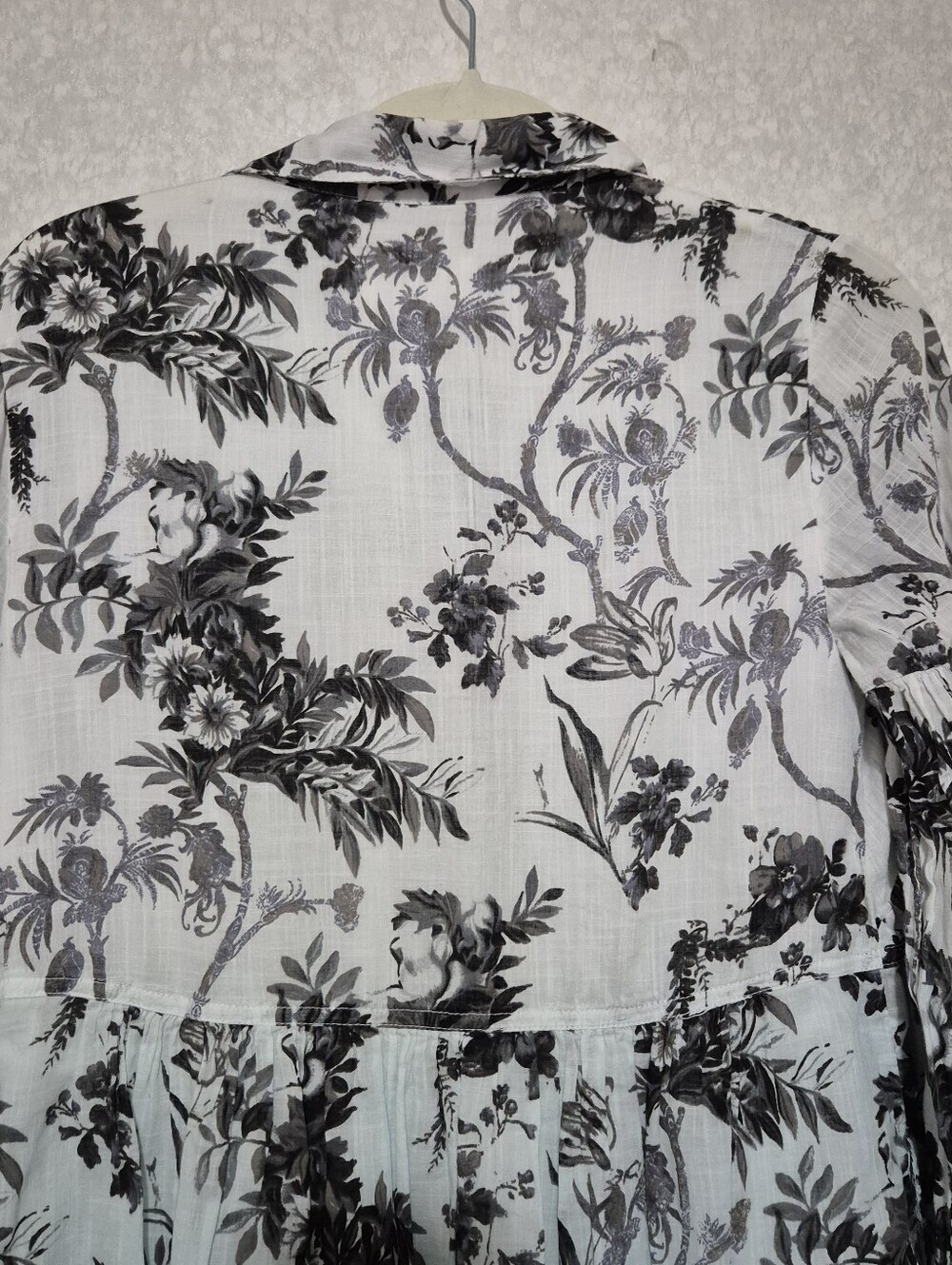 Anthropologie Pale Blue and White Black Floral Embroidery Tiered Shirt Dress-0 - Picture 11 of 13